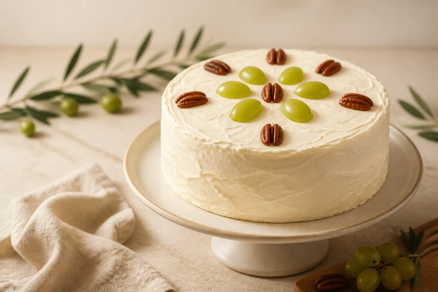 Pastel artesanal con betun claro, uvas verdes y nueces de La Rusa Pasteleria